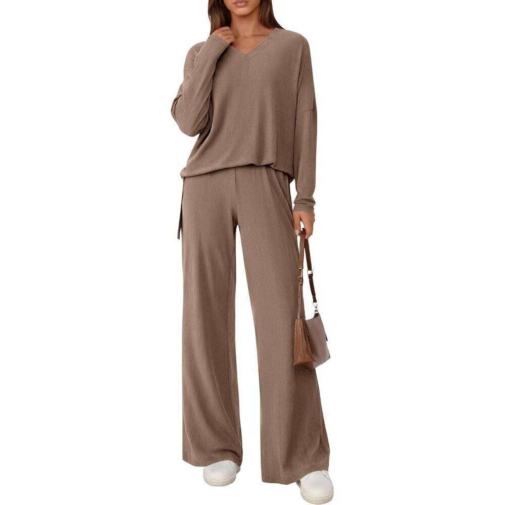 Women 2 Piece Lounge Set Soft Ribbed Knit Cozy Travel Pajama Winter
